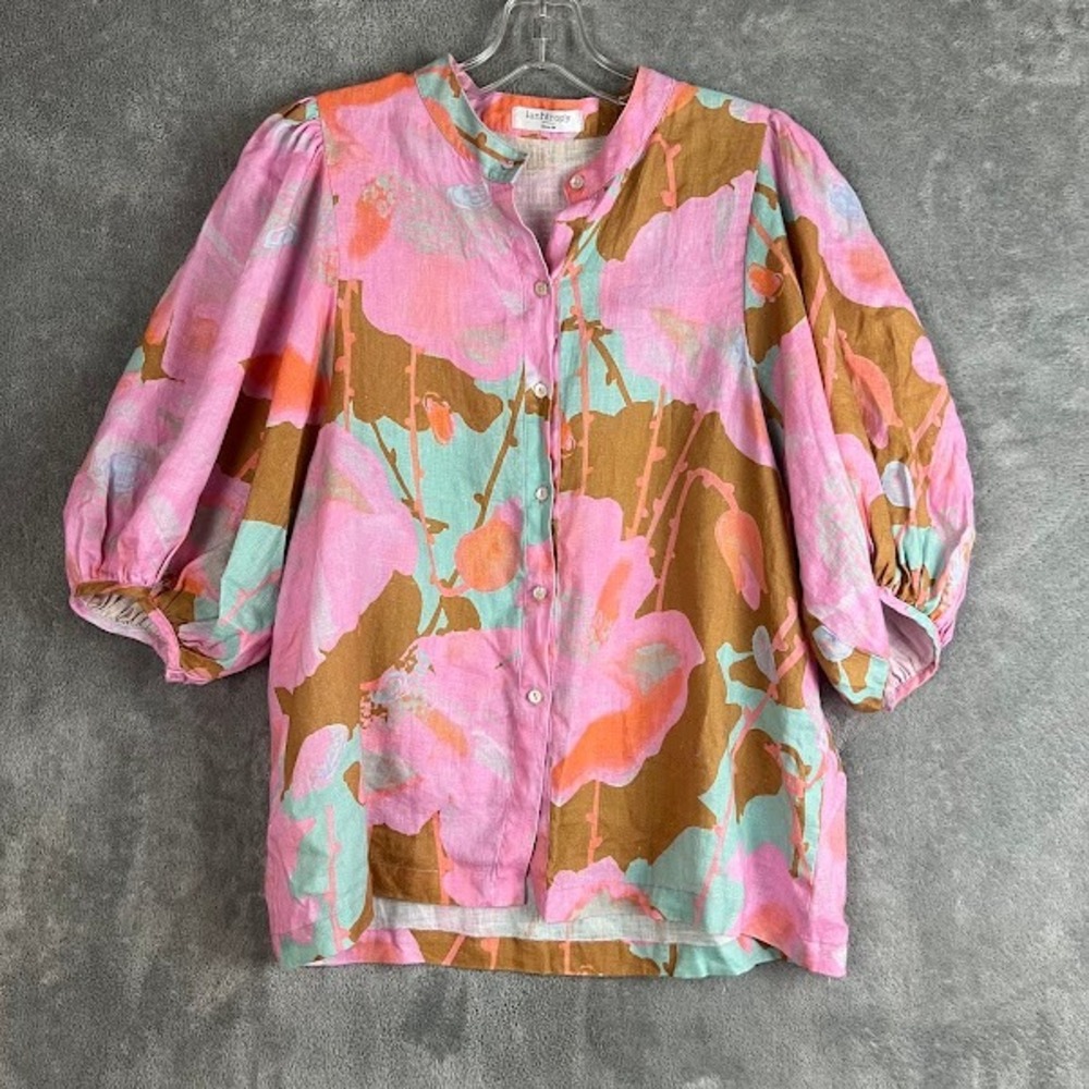 Lahntropy Bubble Linen Shirt Women's M 100% Linen Puff Sleeve Artsy MSRP $195